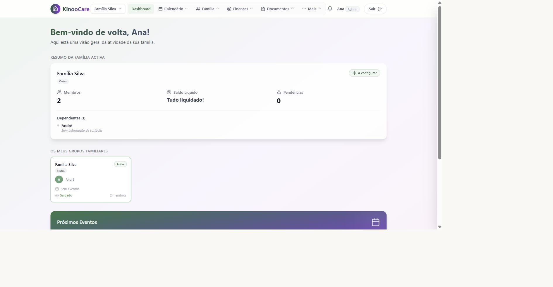 Vista do dashboard do KinooCare, com o calendário partilhado entre as duas casas